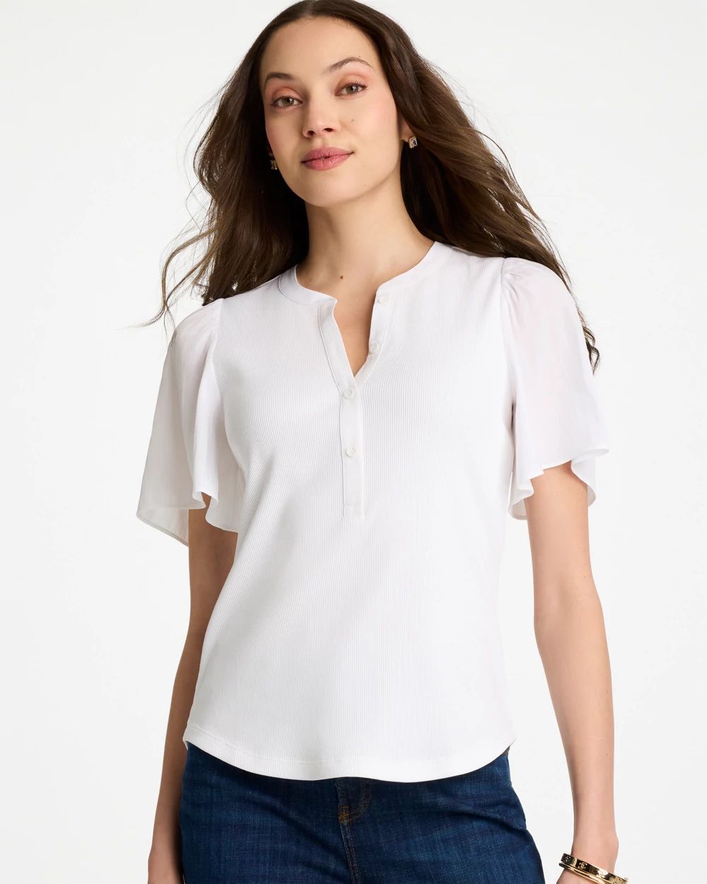 Rib Knit Woven Flutter Sleeve Tee | Chico's